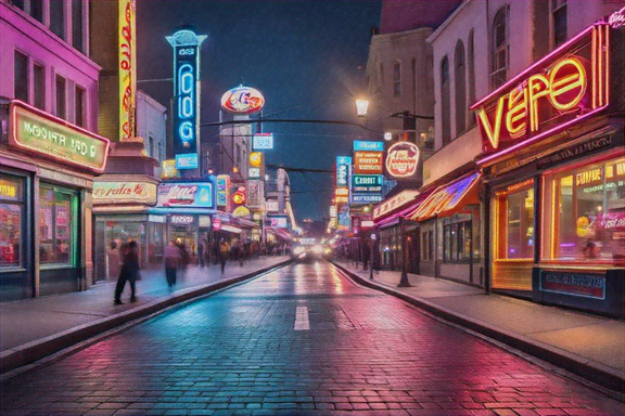 A bustling city street at night, featuring vibrant neon signs and lights reflecting on the pavement..png